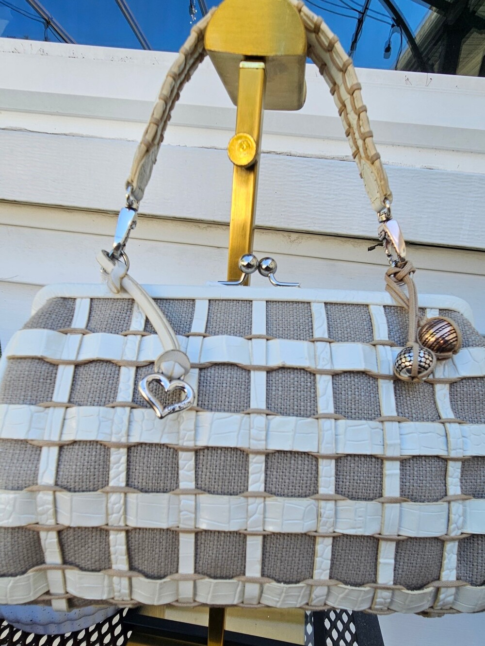 Brighton Woven Leather & Linen Kiss Lock Satchel  Mini Bag Cream /White Vintage